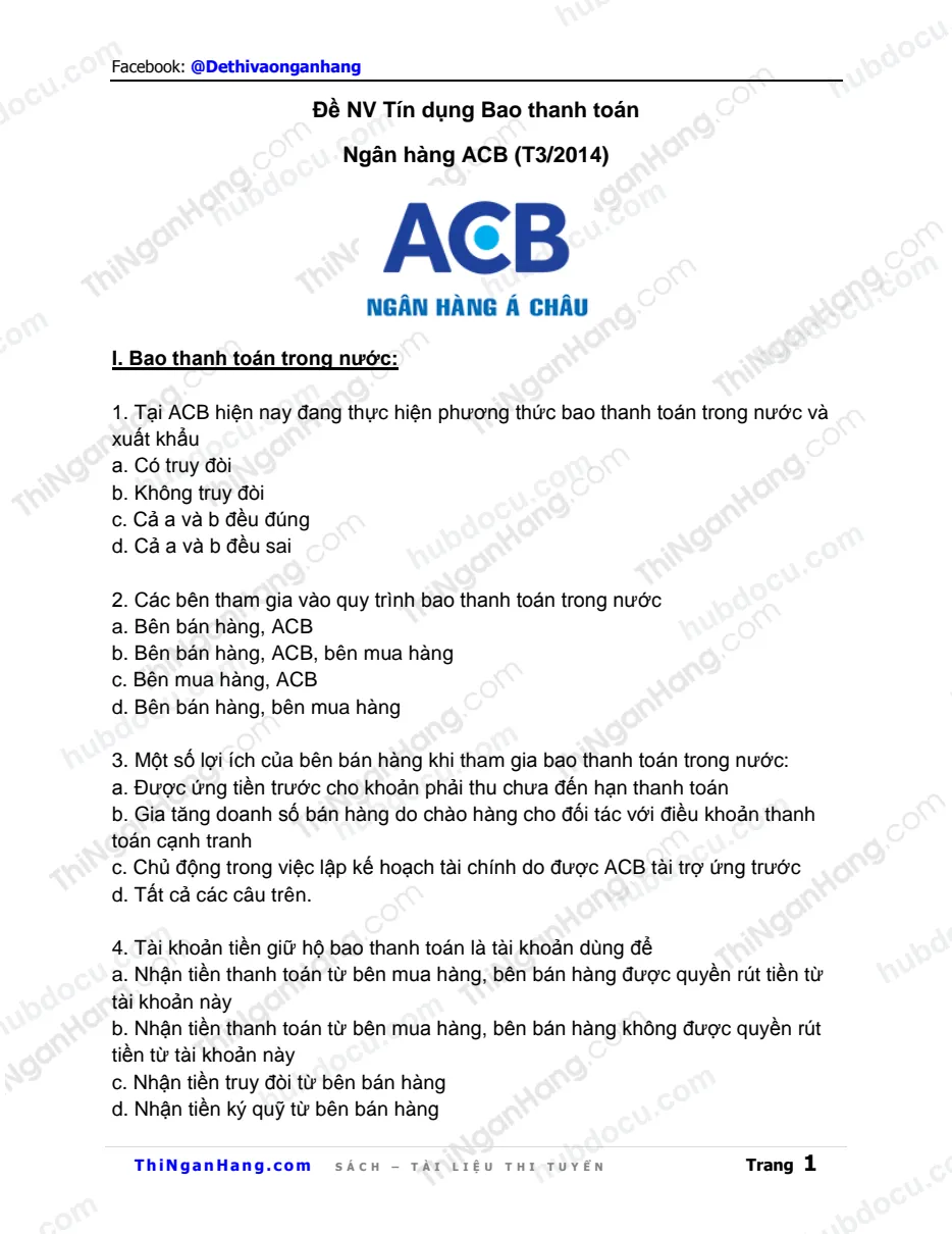 Đề thi Tín dụng Bao thanh toán - Ngân hàng ACB T3-2014
