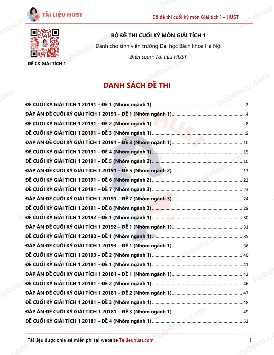 Bộ đề thi Giải tích 1 - HUST (kèm đáp án)