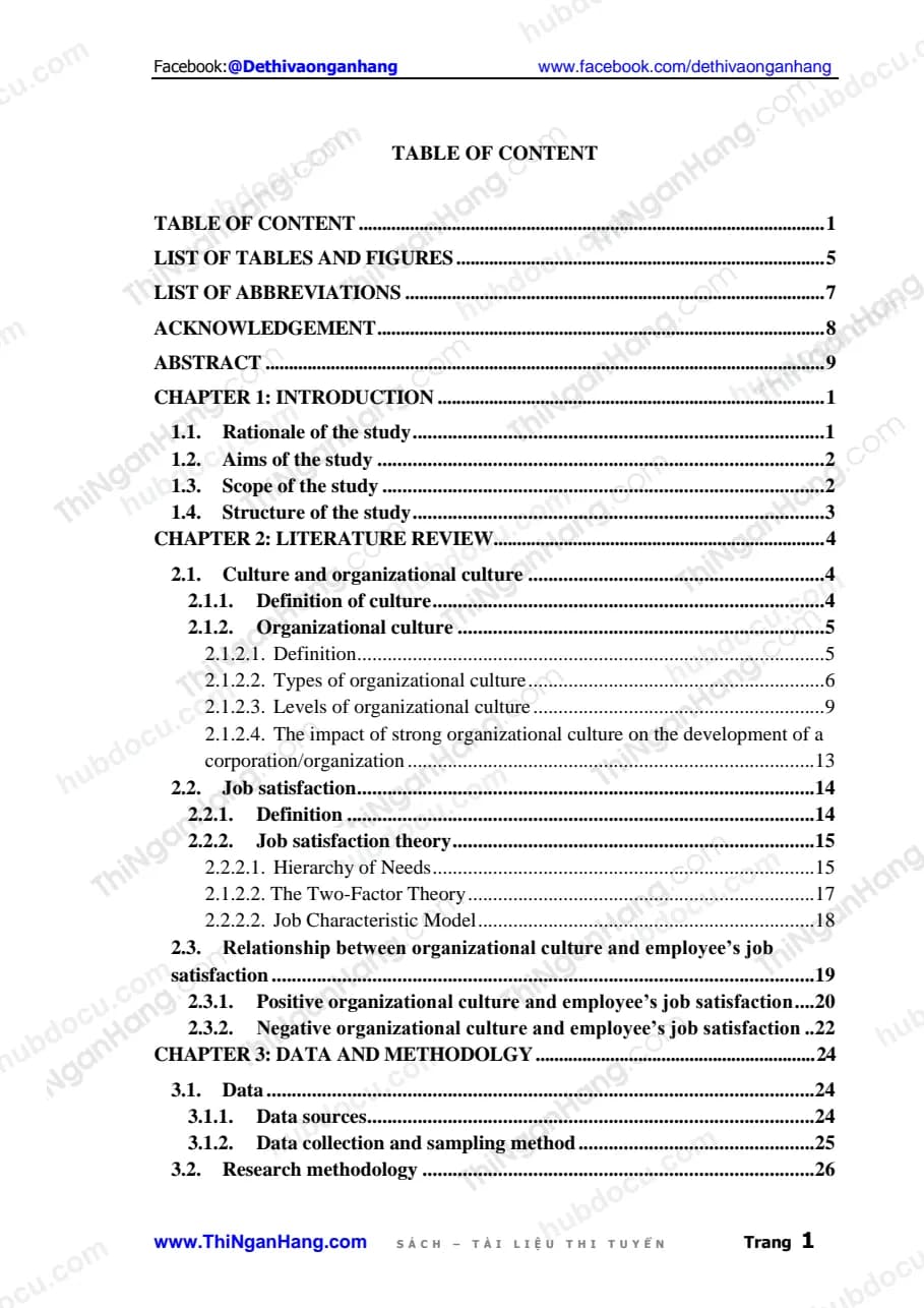 Khóa luận - An analysis of organizational culture and employee’s job satisfaction at Joint Stock Commercial Bank For Foreign Trade of Vietnam – Vietcombank, Thanh Cong Branch