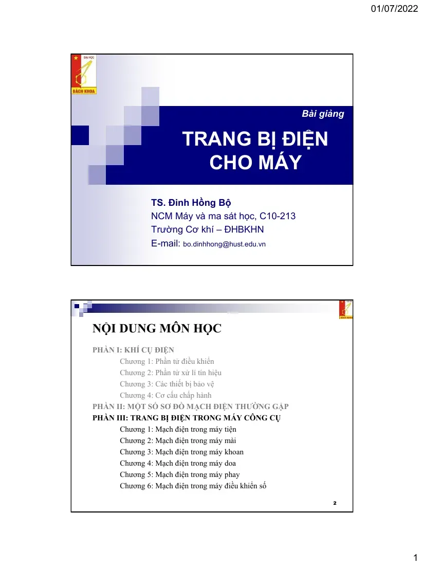 Trang bị điện cho máy công cụ (Phần III: Trang bị điện trong máy công cụ) - TS.Đinh Hồng Bộ