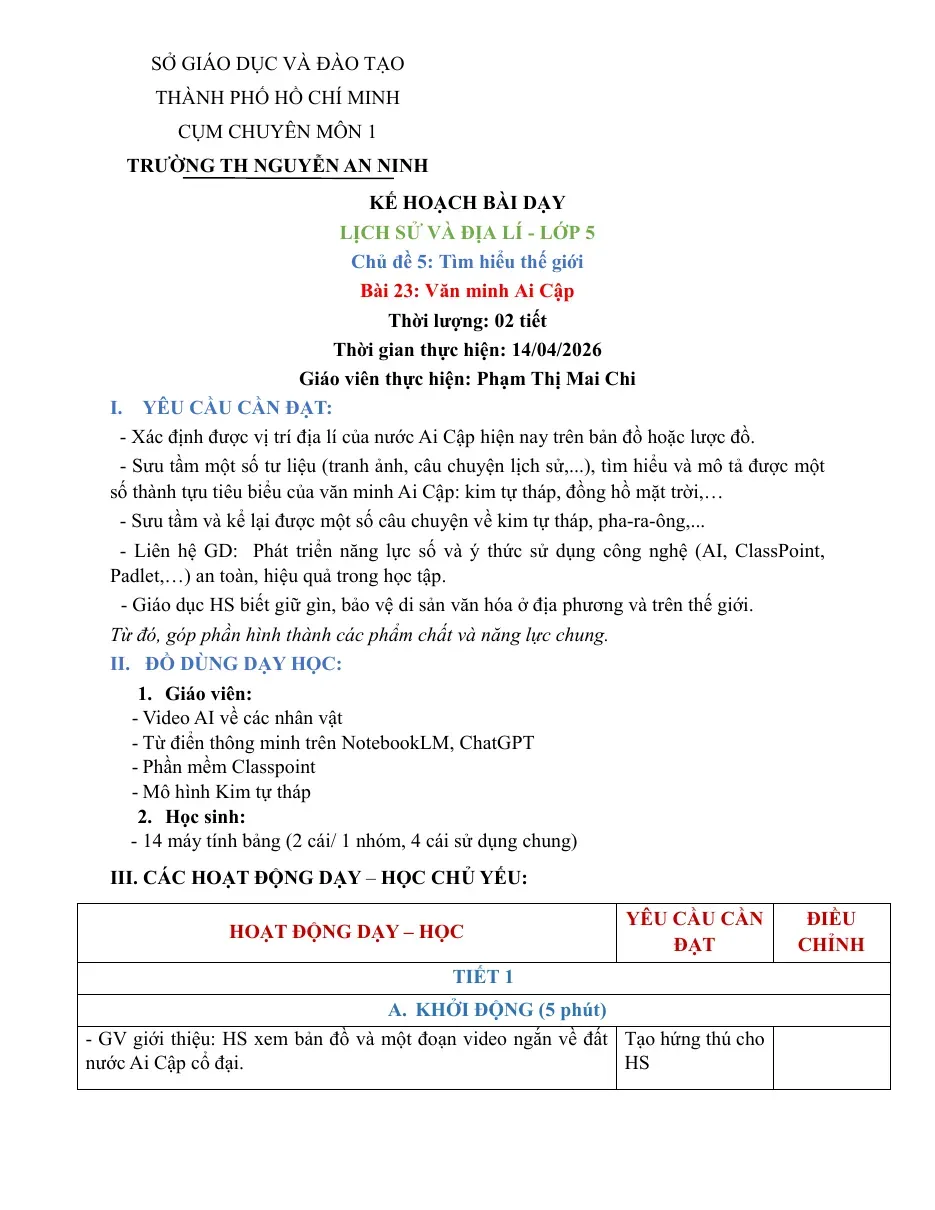 Kế hoạch bài dạy Lịch sử và Địa lí - Lớp 5 - Bài 23: Văn minh Ai Cập - Phạm Thị Mai Chi