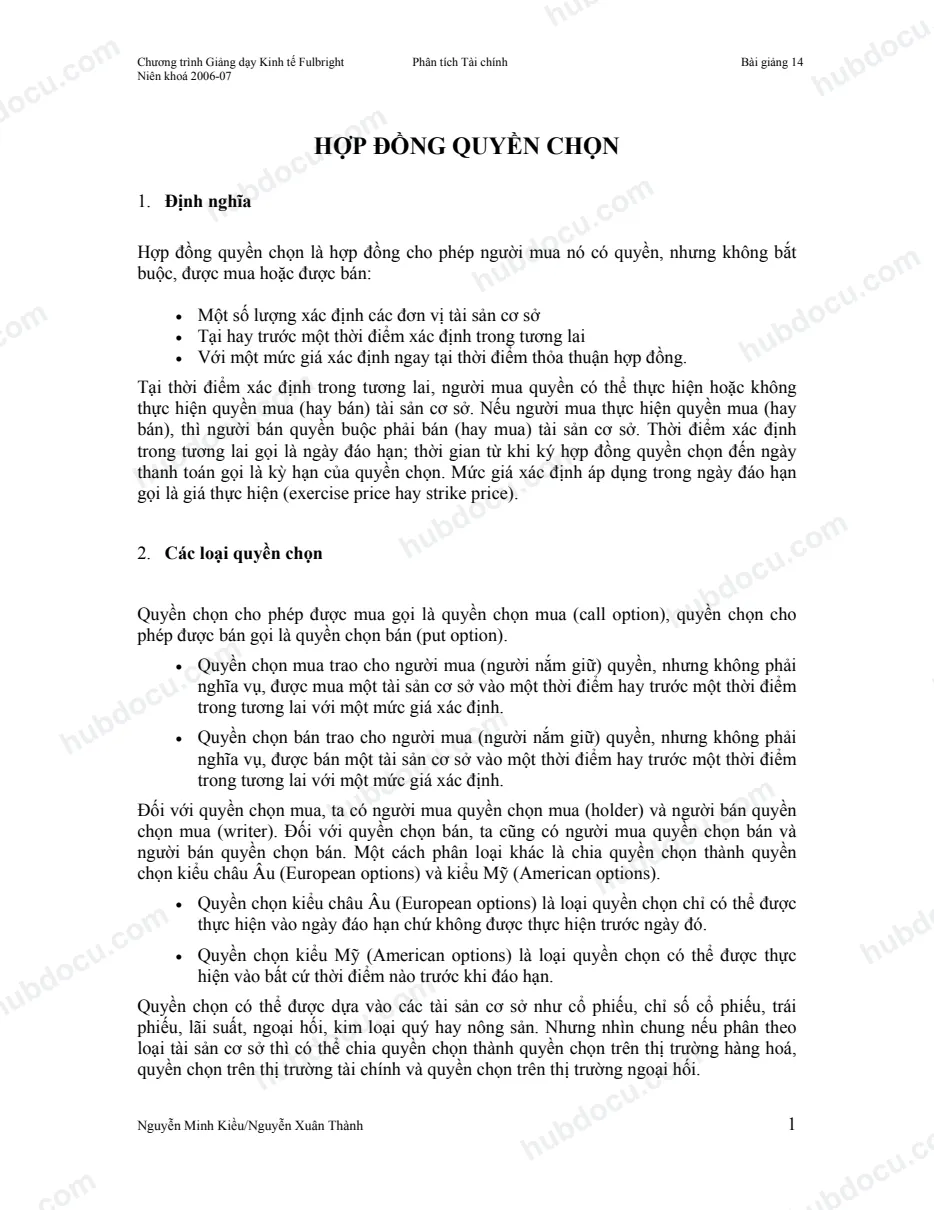 Bài giảng Hợp đồng quyền chọn (Fullbright)