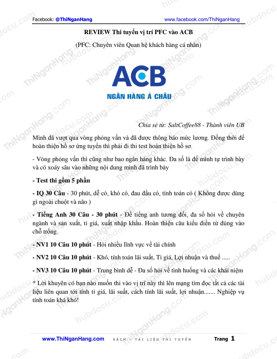 Review thi tuyển PFC (CV Khách hàng cá nhân) vào ACB (Tháng 11-2016)
