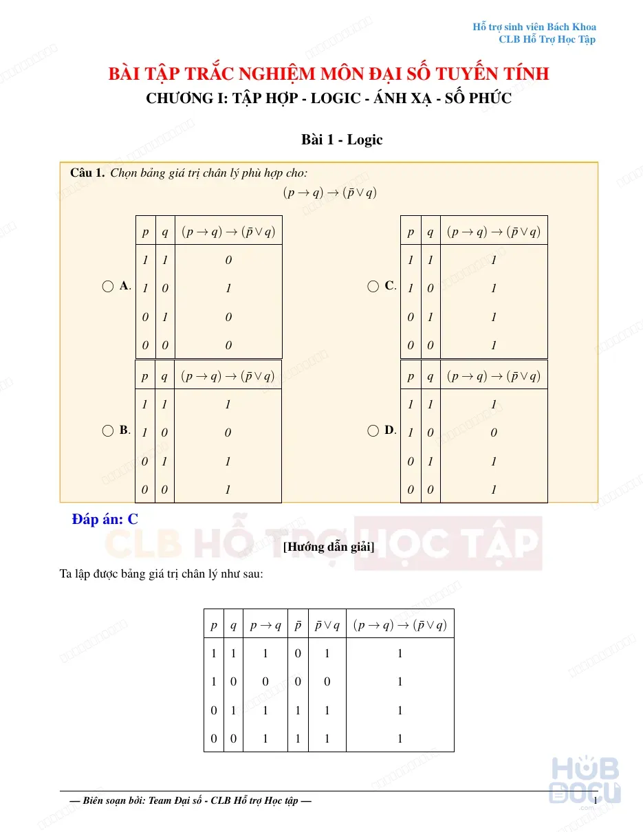 Bài tập Trắc nghiệm Đại số - Chương 1 (2025) (CLB HTHT HUST)