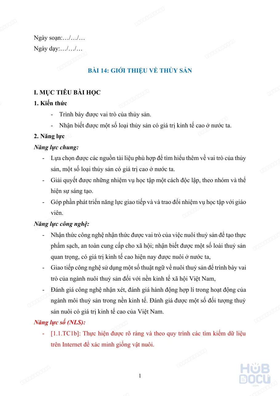 Giáo án Năng lực số (Công nghệ 7) - Bài 14.Giới thiệu về thủy sản