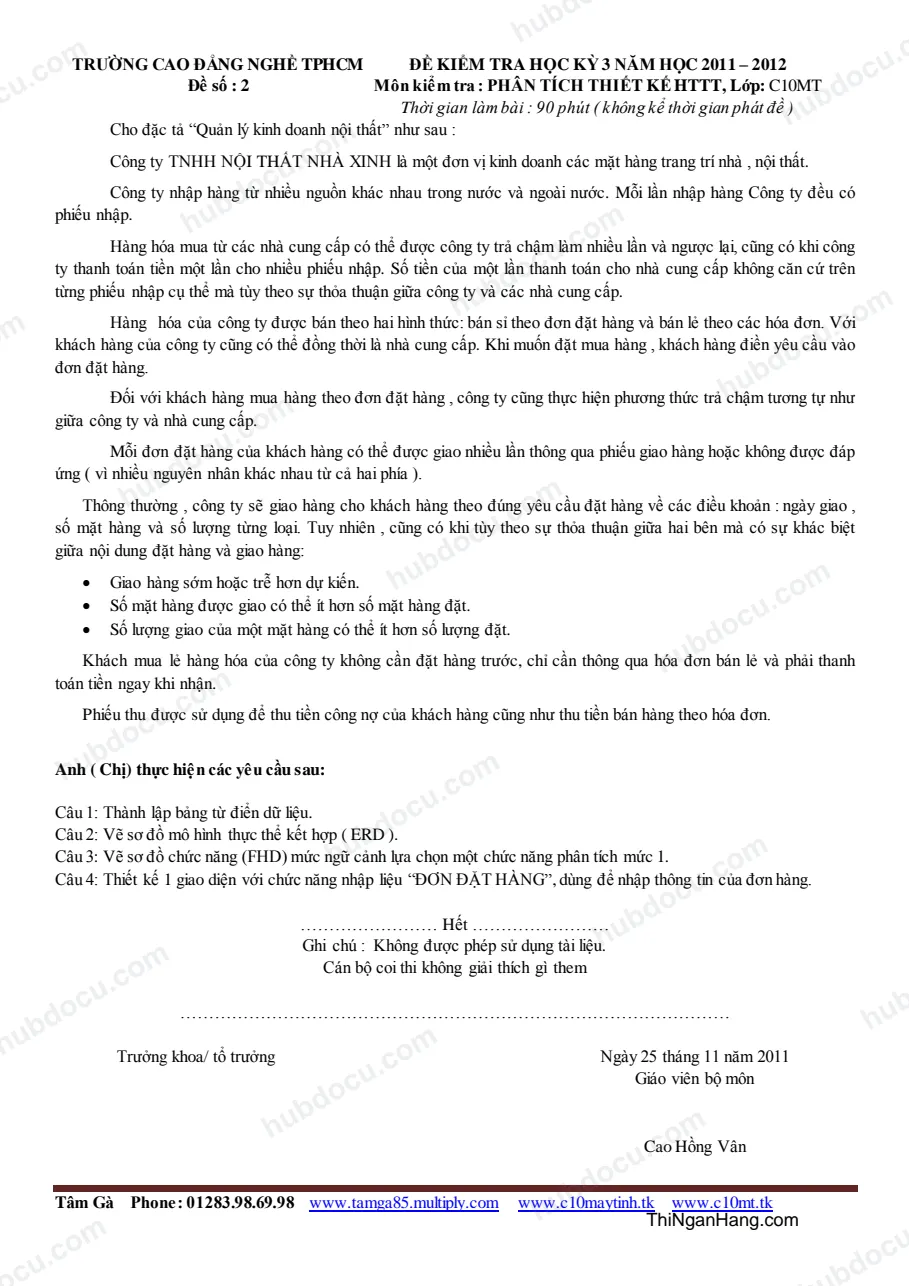 Đề thi phân tích thiết kế hệ thống thông tin