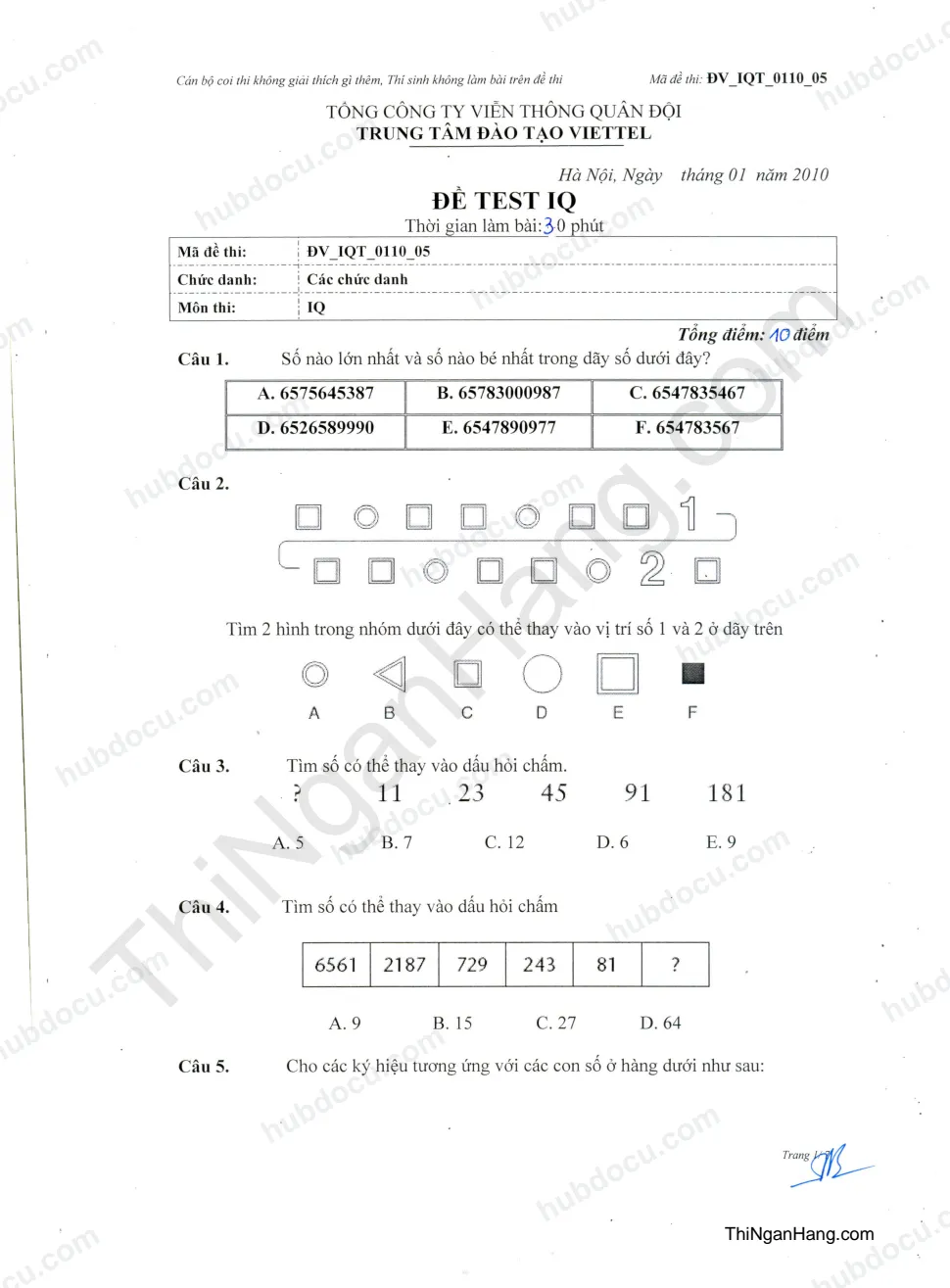 20 câu IQ thi Viettel - Đề 5 (Đáp án trang cuối)