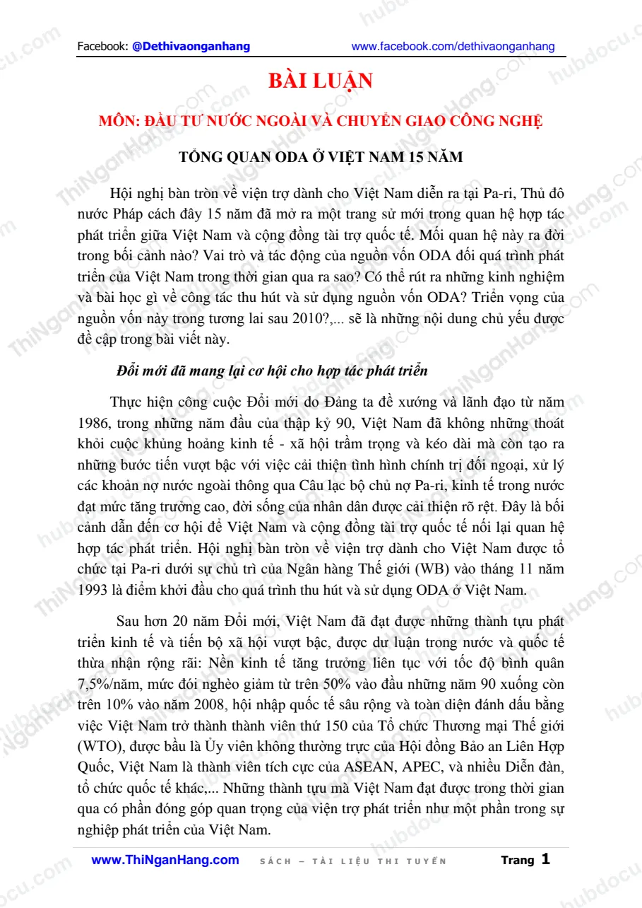 Bài luận môn Đầu tư nước ngoài và chuyển giao công nghệ - Tổng quan 15 năm ODA