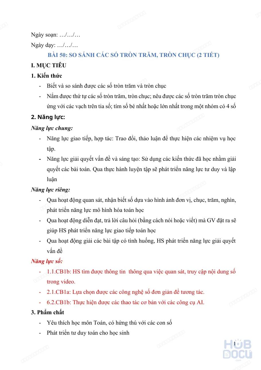 Giáo án Tích hợp năng lực số (Toán 3) - Bài 50. So sánh số tròn trăm, tròn chục