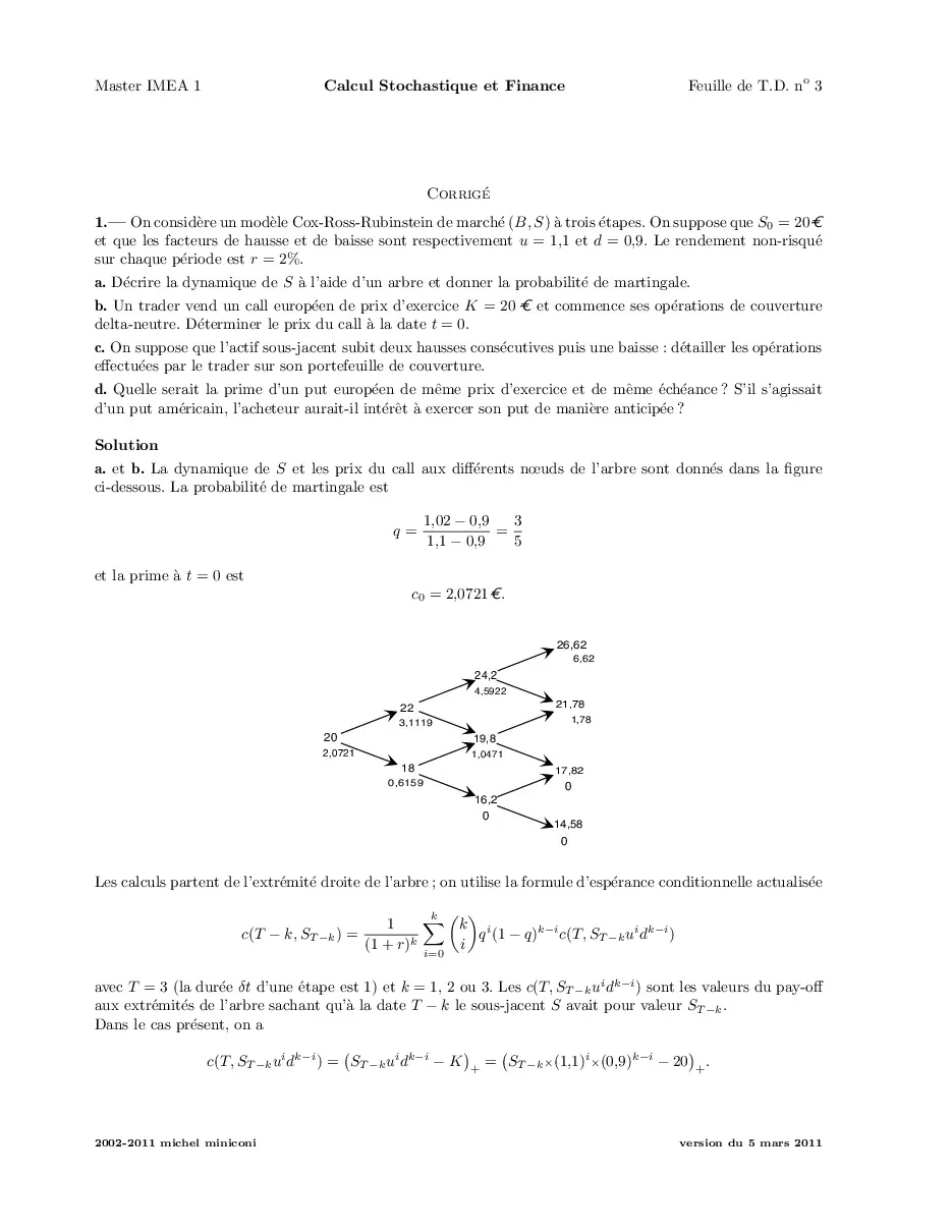 Archives td corrigés (Bài tập môn Master IMEA 1) - Calcul Stochastique et Finance