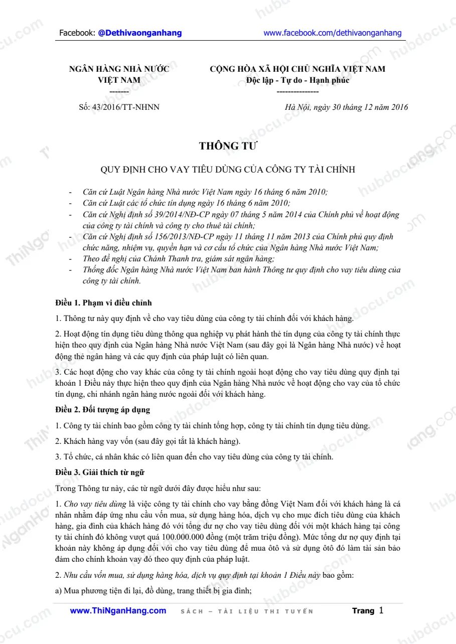Thông tư 43-2016-TT-NHNN về Cho vay tiêu dùng của Công ty tài chính (30-12-2016)