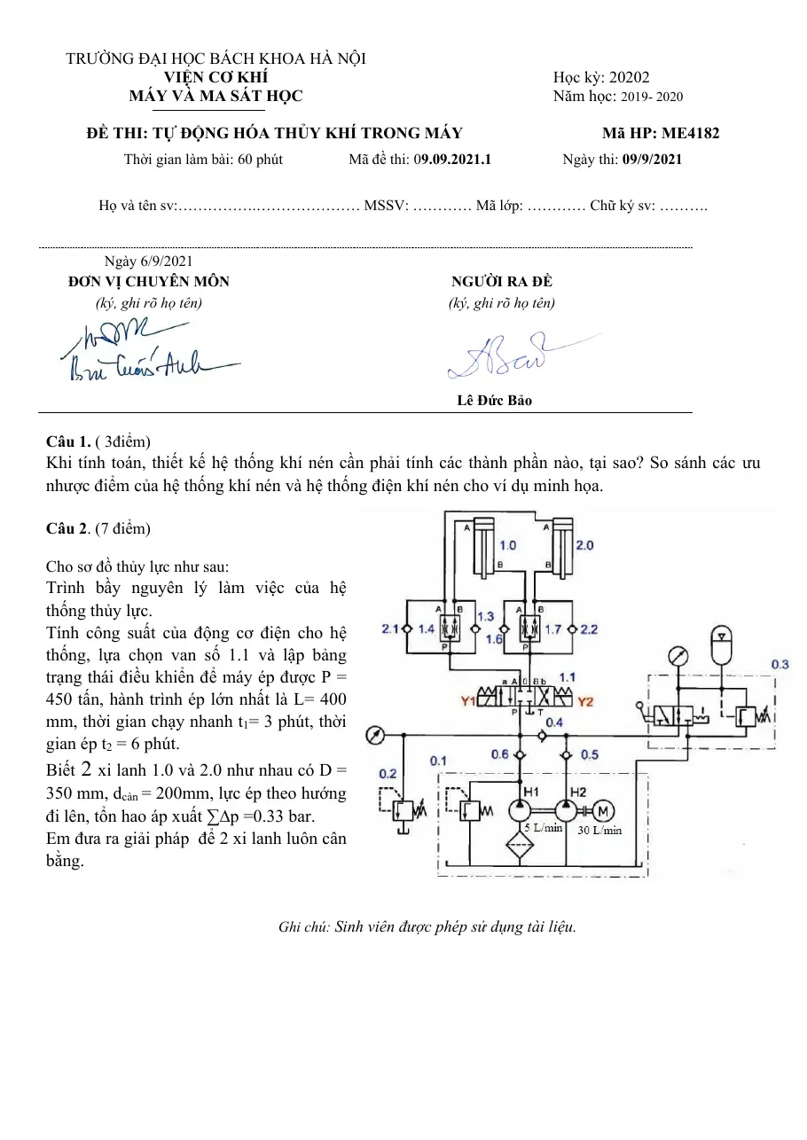 Đề thi Tự động hóa Thủy khí trong máy (ME4182) - Lê Đức Bảo