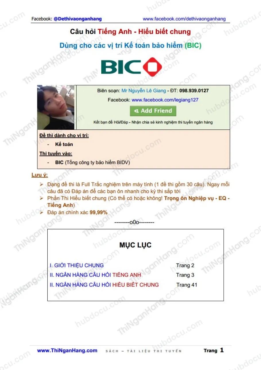 Đáp án câu hỏi thi Tiếng Anh vị trí Kế toán Bảo hiểm BIC - BIDV Insurance