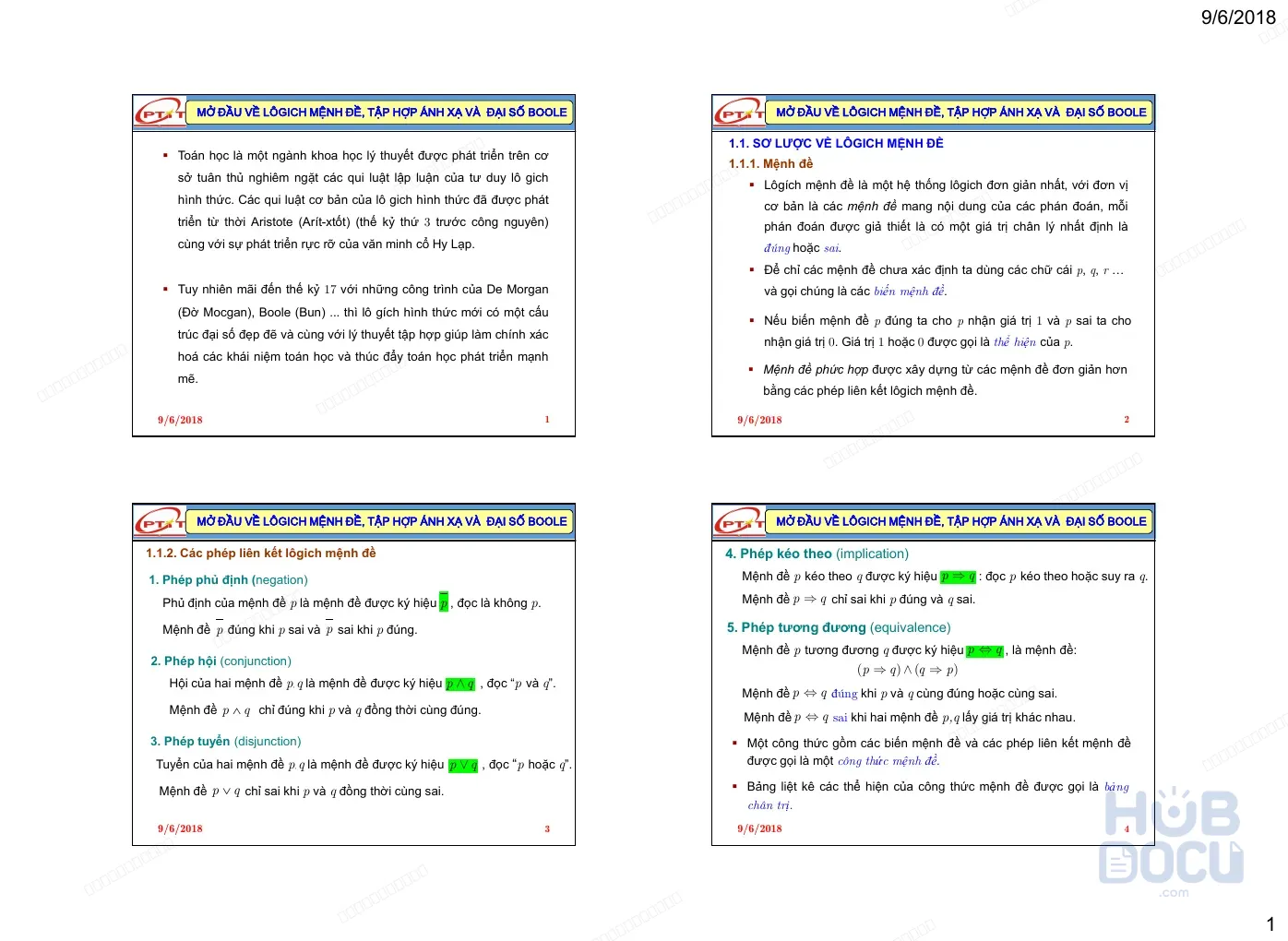 Mở đầu về lôgic mệnh đề, tập hợp ánh xạ, đại số Boole (Đại số - Chương 1)