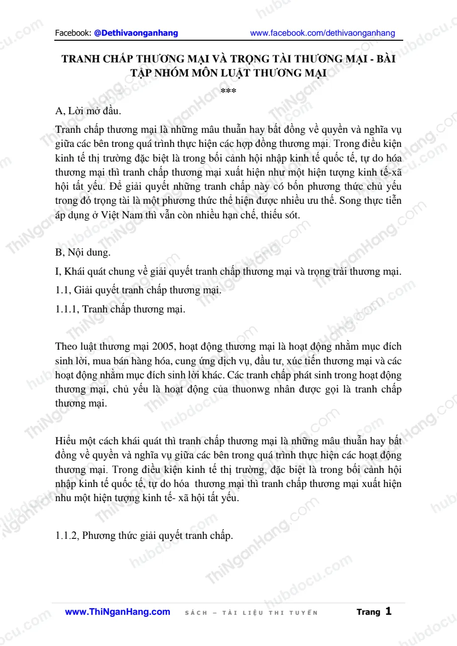 Tranh chấp thương mại và trọng tài thương mại - Bài tập nhóm môn Luật Thương mại