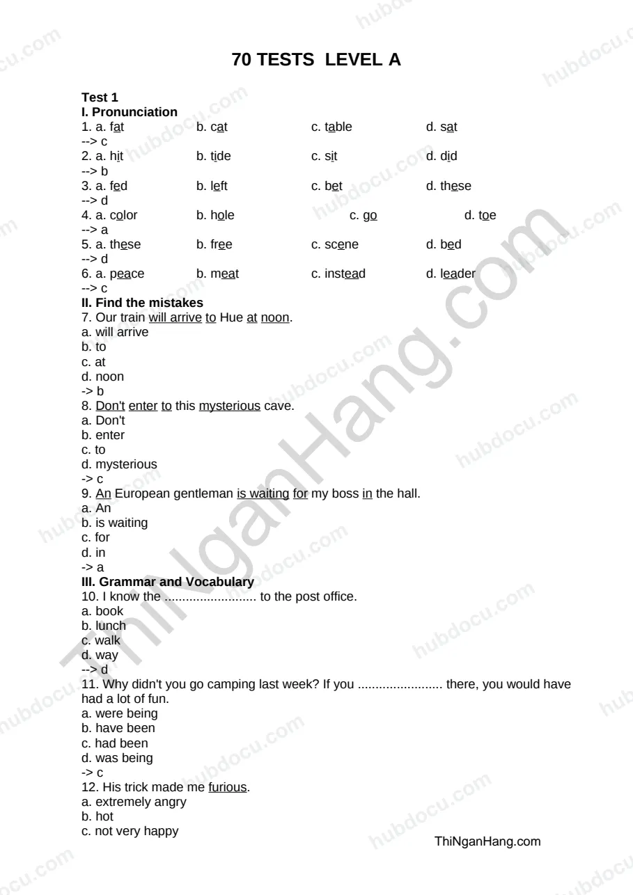 70 test chứng chỉ Anh Văn A