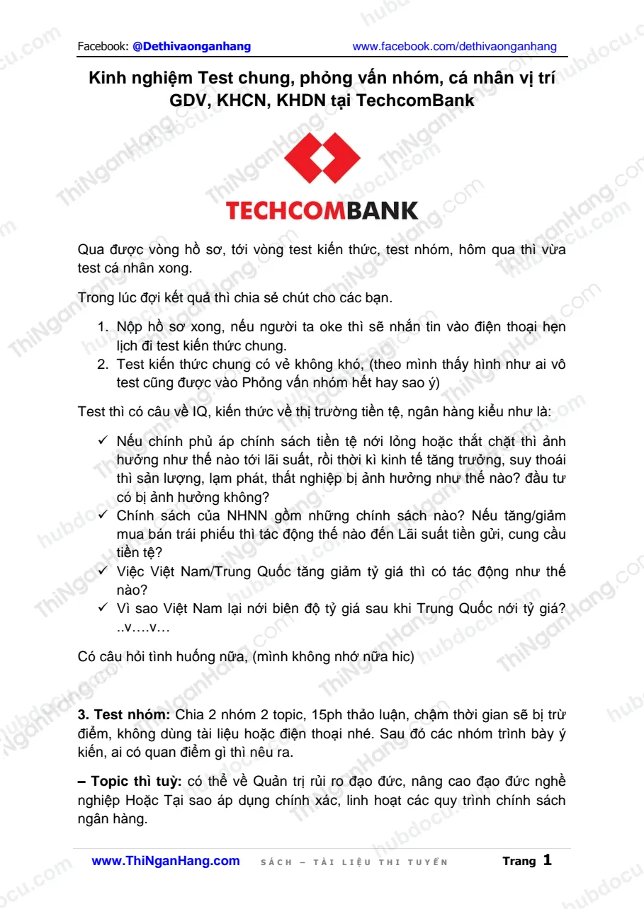 Kinh nghiệm Test chung - PV nhóm Giao dịch viên, KHCN, KHDN Techcombank