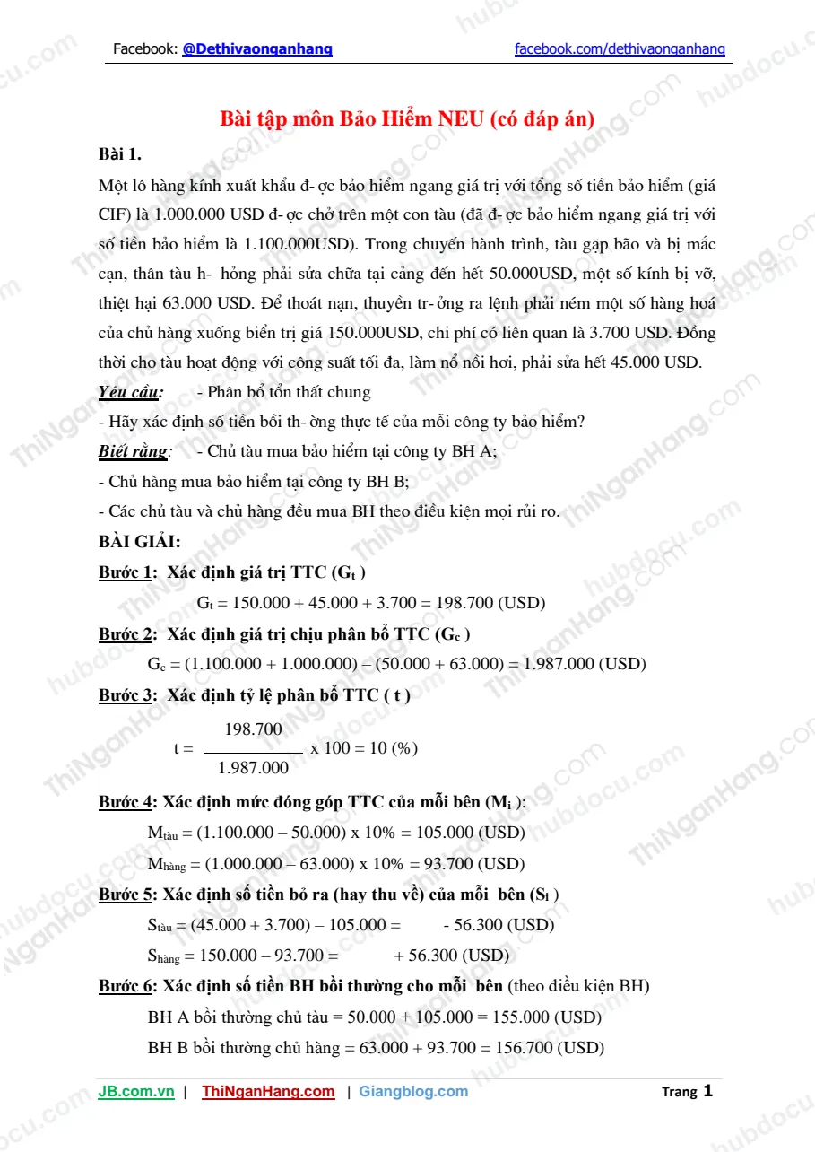 Bài tập môn Bảo Hiểm NEU (có đáp án)