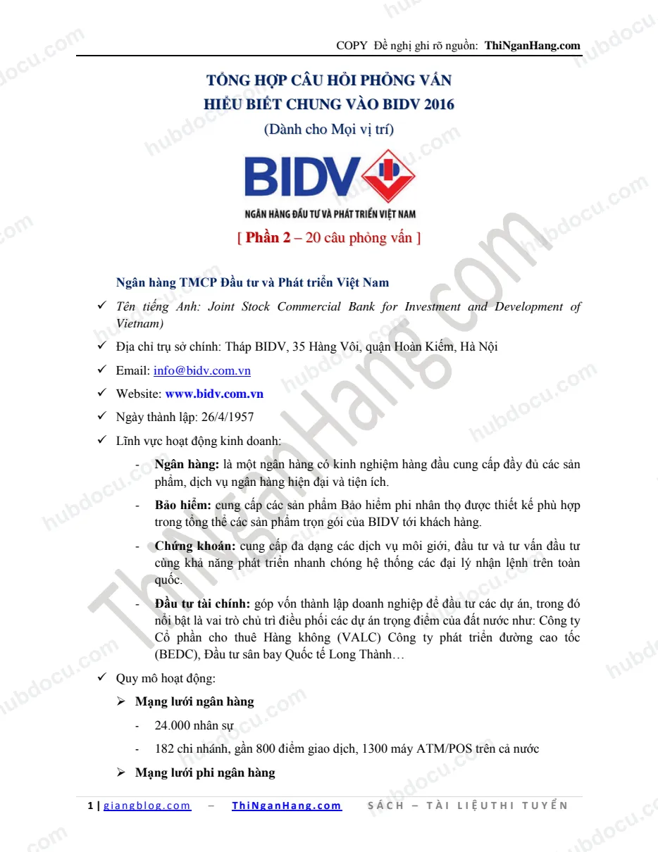 Phỏng vấn Hiểu biết chung BIDV 2016 (Mọi vị trí) (P2)