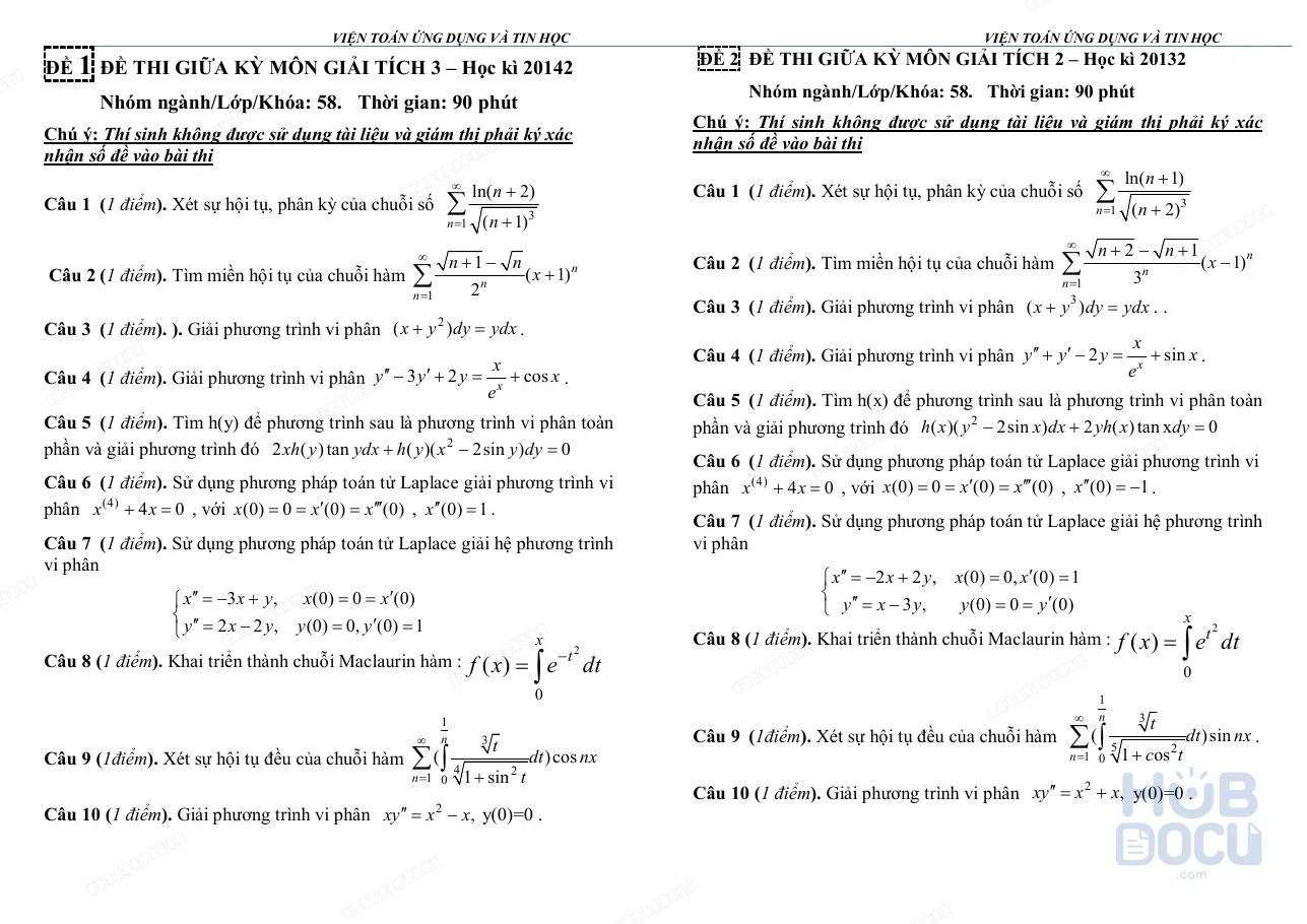 Đề thi giữa kỳ Giải tích 3 - Thầy Bùi Xuân Diệu