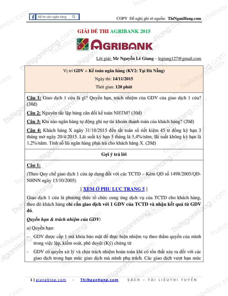 Giải đề thi GDV Kế toán ngân hàng Agribank 14-11-2015 (KV2 - Đà Nẵng)