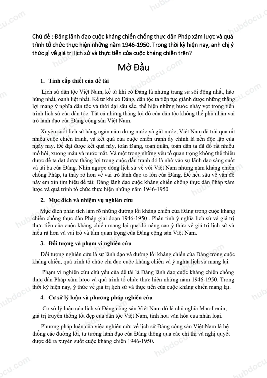 Tiểu luận lịch sử đảng cộng sản Việt Nam. Đảng lãnh đạo cuộc kháng chiến chống thực dân Pháp 1946-1950.