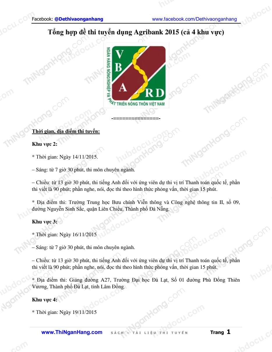 Tổng hợp đề thi Agribank 2015 (Cả 4 khu vực)