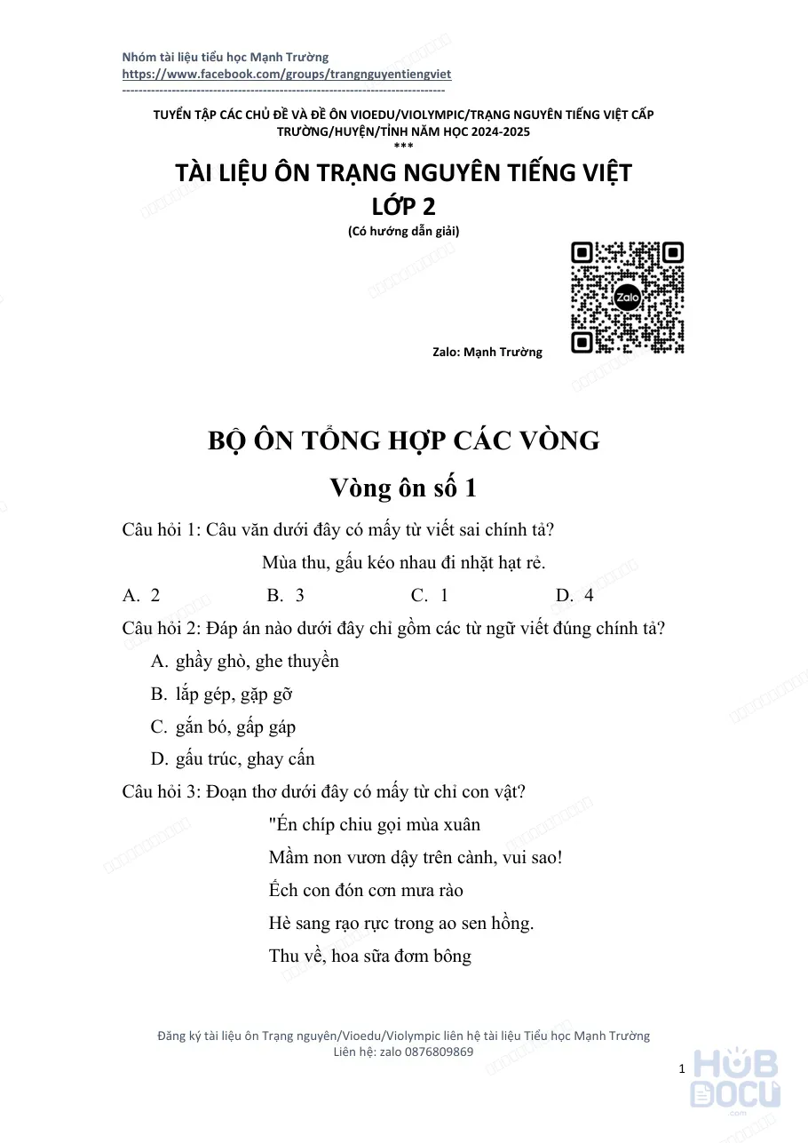 Ôn Trạng nguyên Tiếng Việt (Lớp 2) - Đề 1. Vòng 2