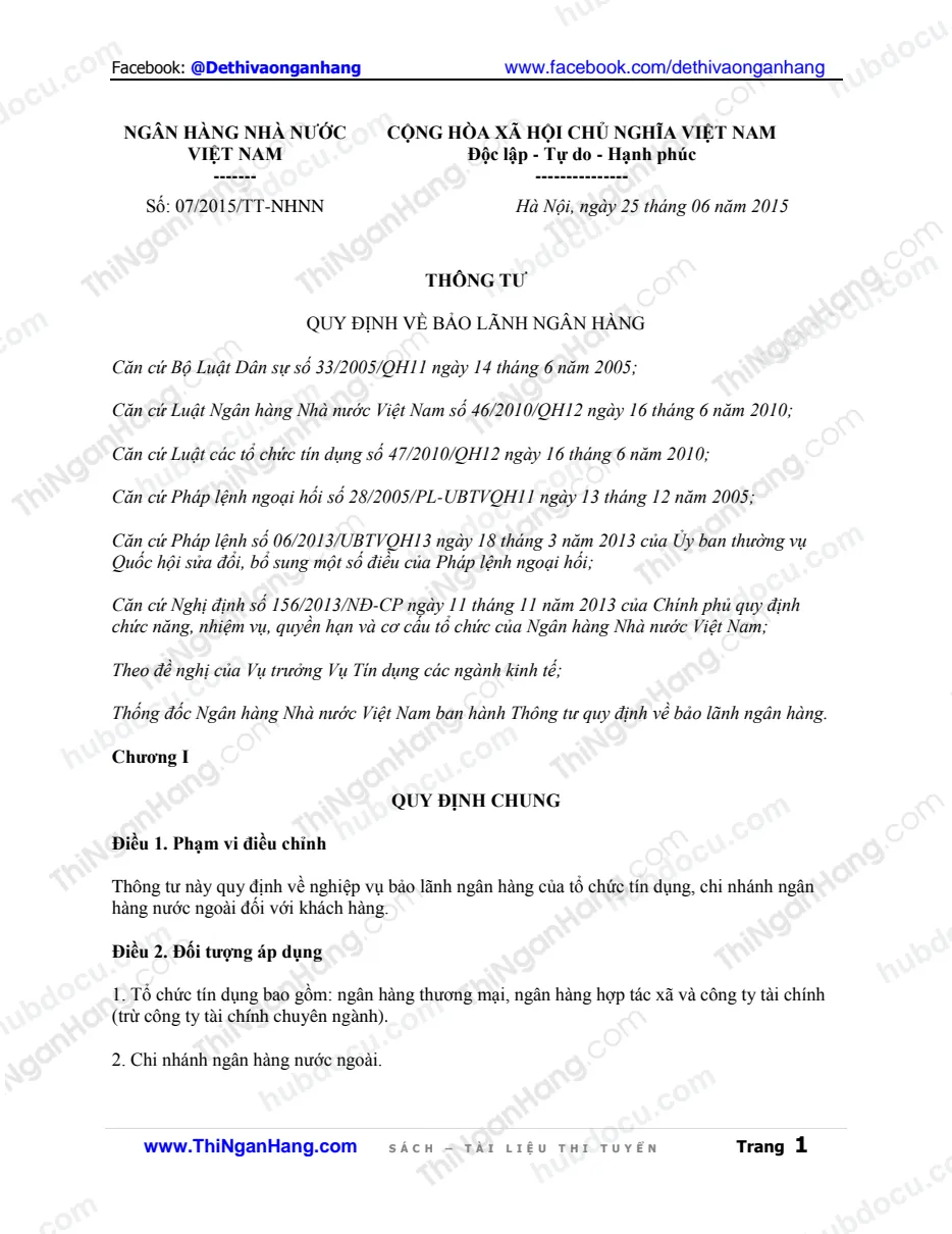 Thông tư 07-2015_TT-NHNN ngày 25-6-2015 về Bảo lãnh ngân hàng