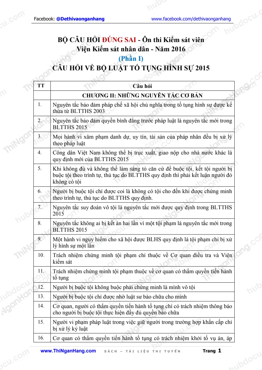 760 câu Đúng Sai - Kiểm sát viên giỏi - Luật Tố tụng hình sự 2015 (Chưa có Đáp án)