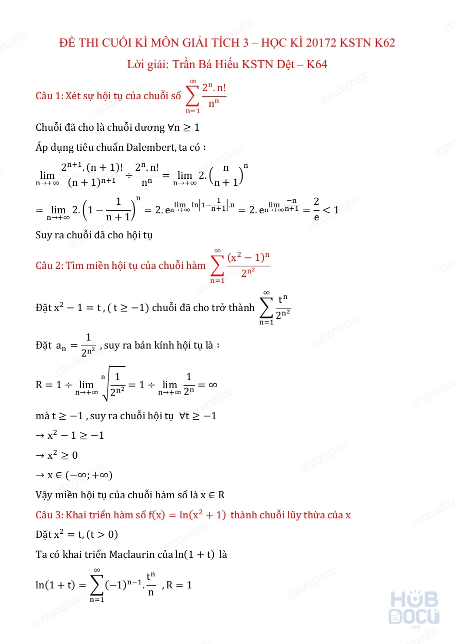 Đề thi Cuối kỳ Giải tích 3 (HUST) CK20172 KSTN
