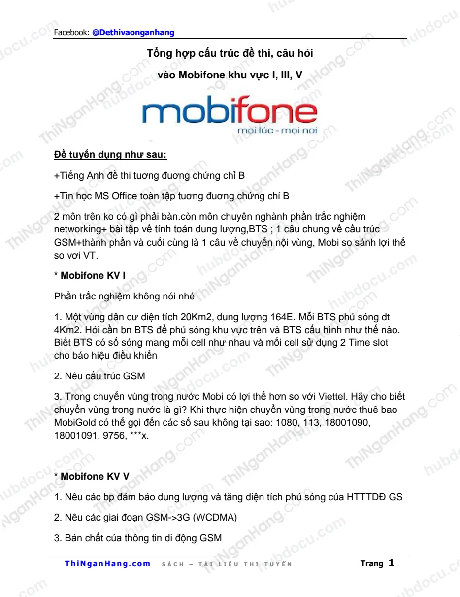 Tổng hợp đề thi vào Mobifone Khu vực 1, 3, 5