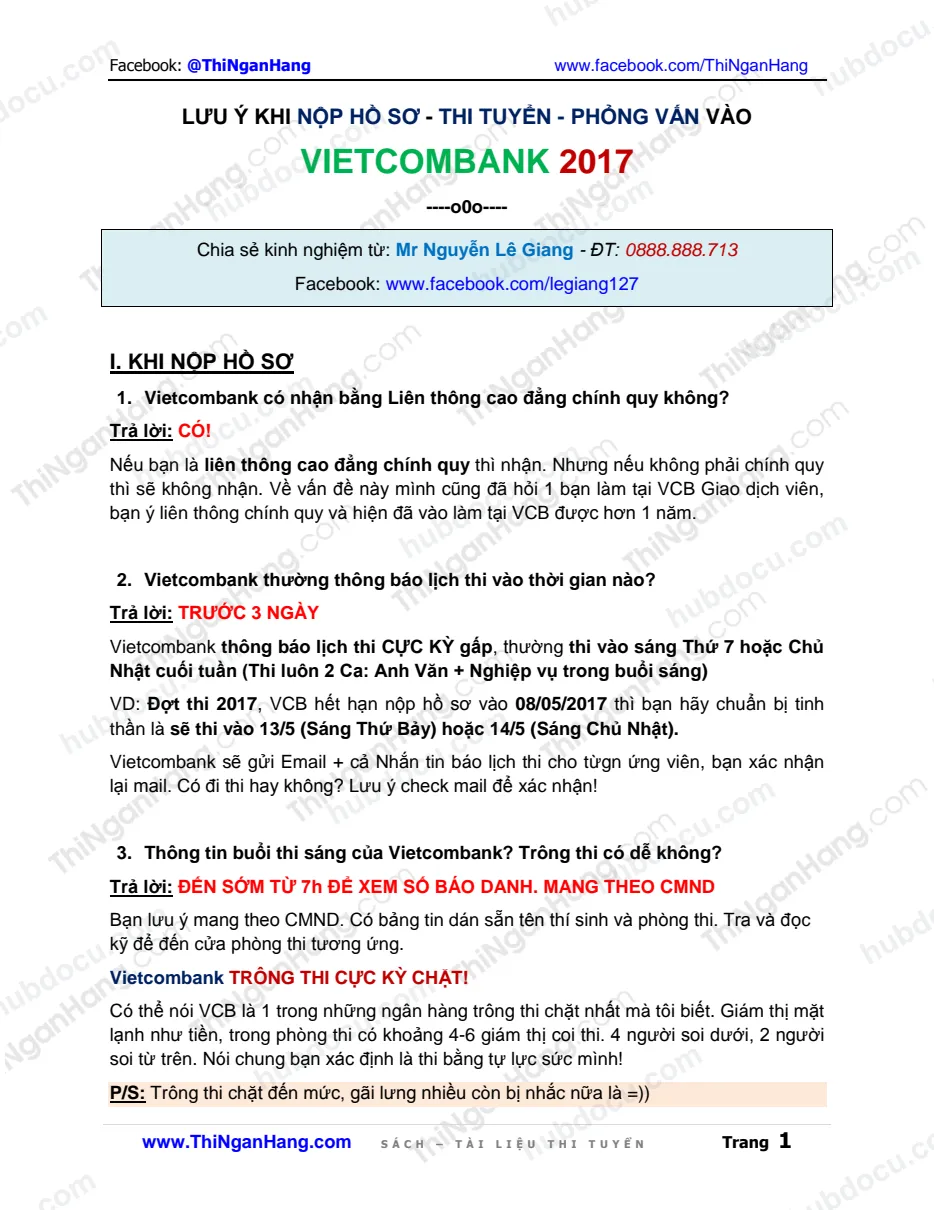 Lưu ý khi nộp hồ sơ tuyển dụng Vietcombank 2017