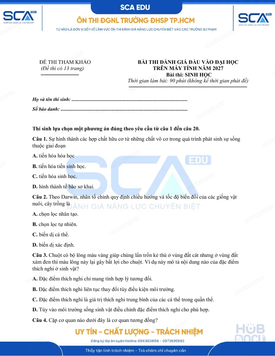 Đề thi tham khảo Đánh giá năng lực (H-SCA) SP.HCM môn Sinh học