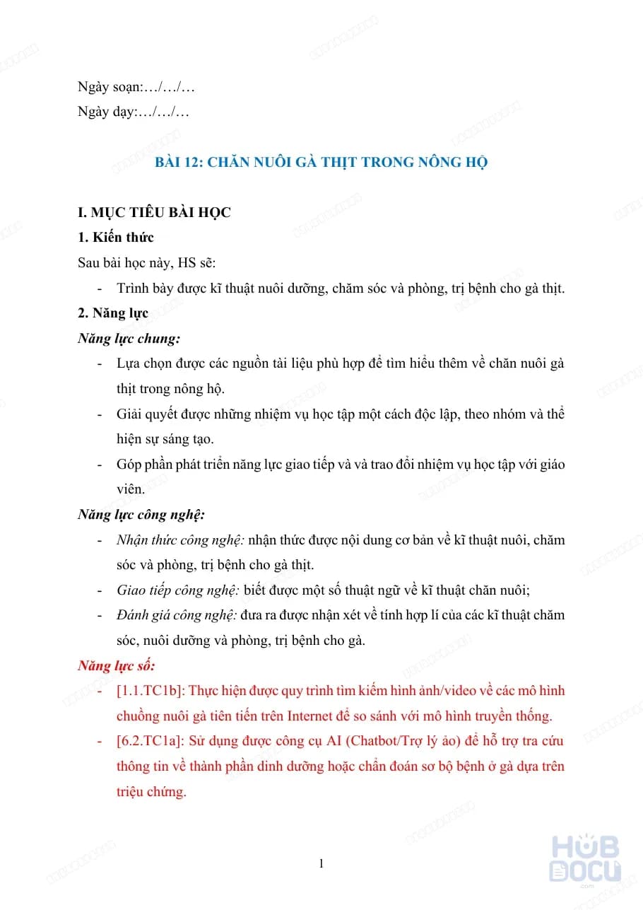 Giáo án Năng lực số (Công nghệ 7) - Bài 12.Chăn nuôi gà thịt trong nông hộ