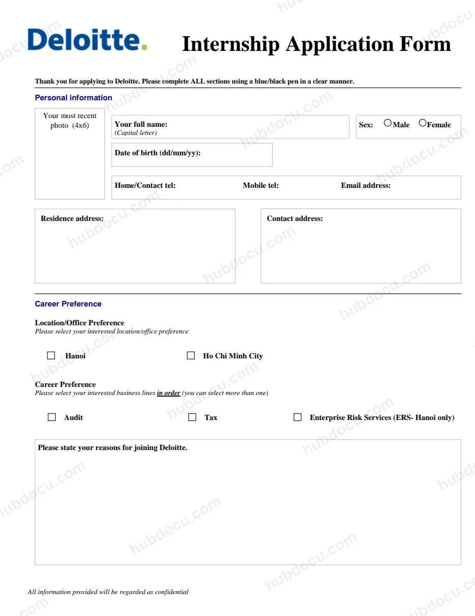 Mẫu CV Thực tập sinh Kiểm toán Deloitte (Internship ApplicationForm)