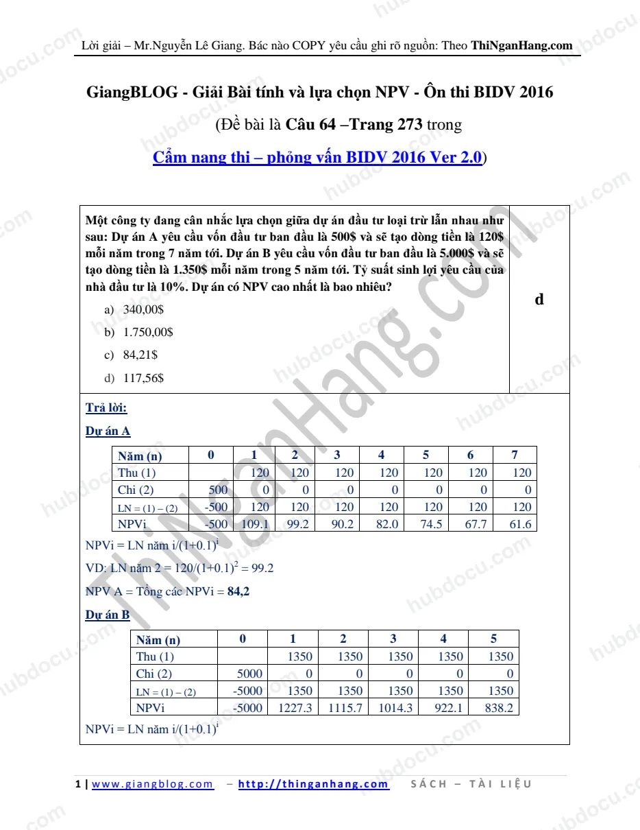 Giải bài tính và lựa chọn NPV - Ôn thi BIDV 2016