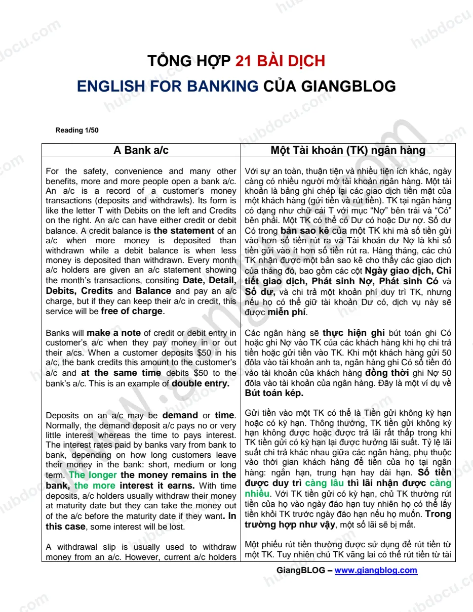 21 bài dịch tiếng anh ngân hàng của GiangBLOG