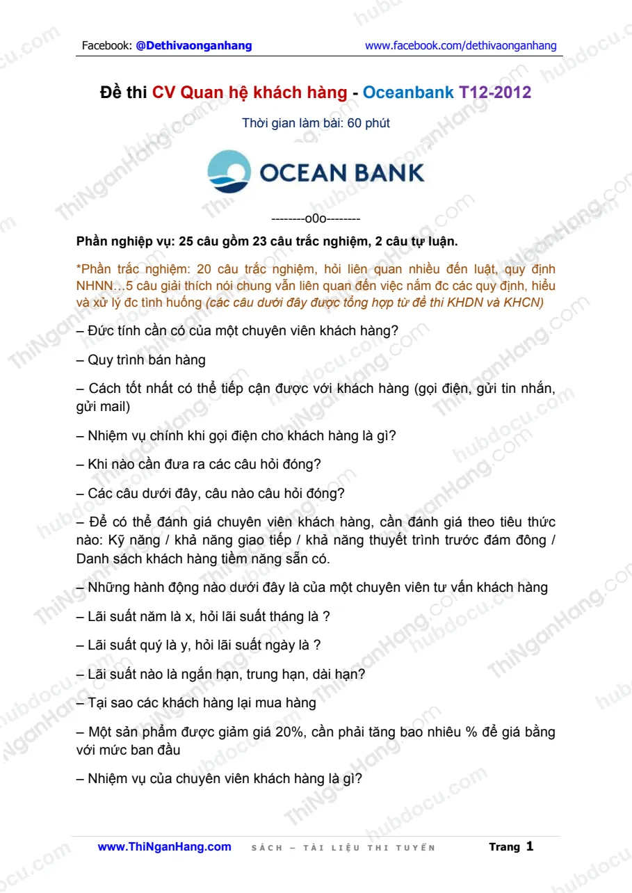 Đề thi CV Quan hệ Khách hàng Oceanbank (T12-2012)