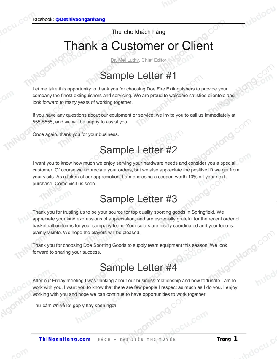 Mẫu Thư cảm ơn khách hàng - Thanks a Customer