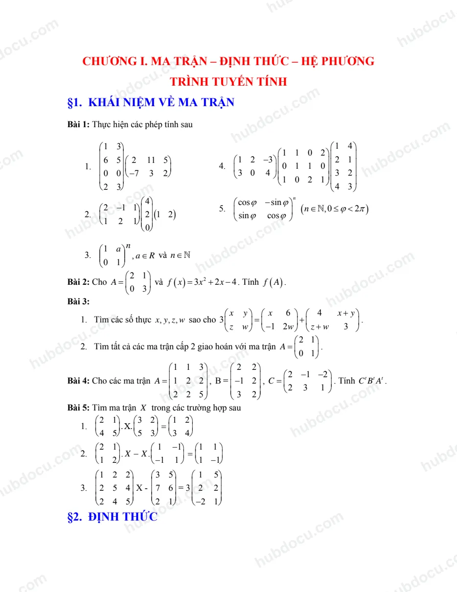 Chương 1. Ma trận, Định thức, Hệ phương trình tuyến tính