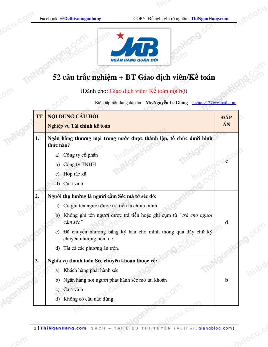 52 trắc nghiệm và BT GDV-Kế toán - Thi MB 2016 (có Đáp án chi tiết)