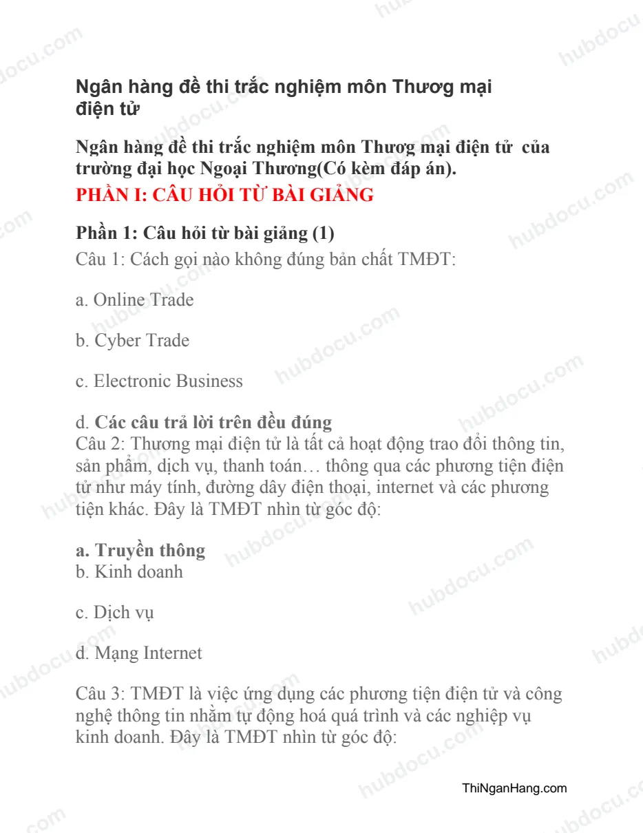 Ngân hàng đề thi trắc nghiệm môn Thương mại điện tử (Có Đáp án)