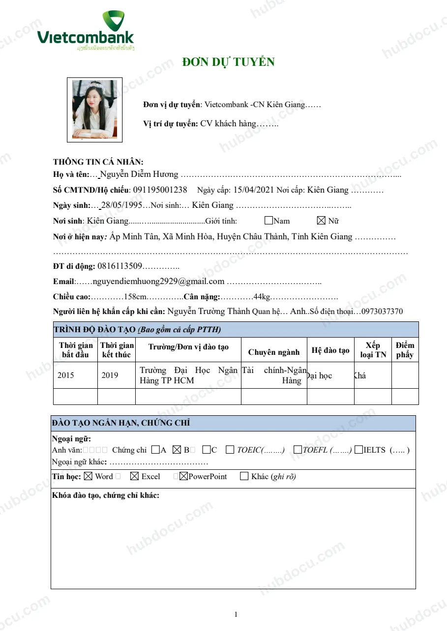 Phiếu dự tuyển - VCB