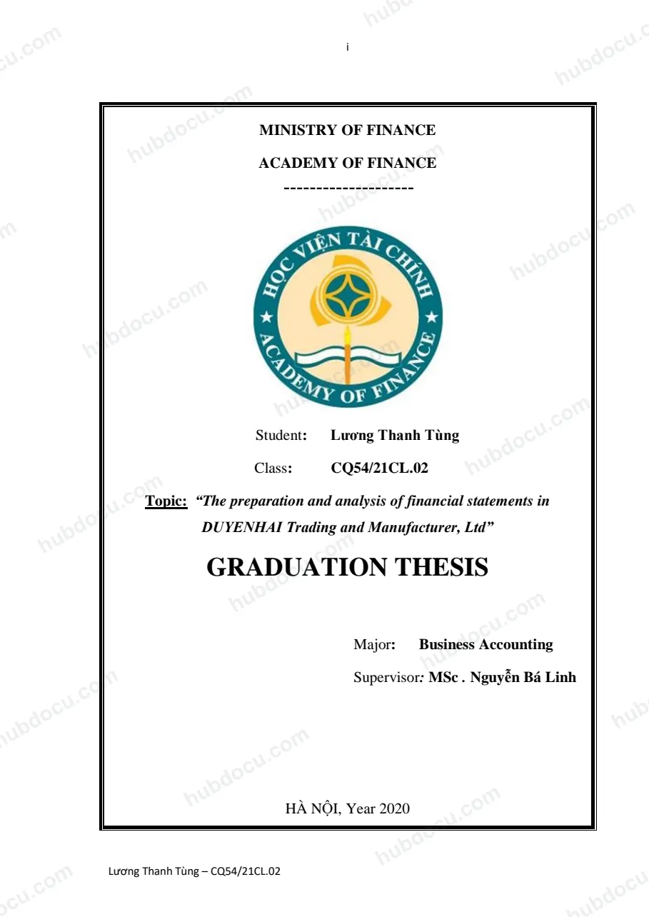 Luận văn tốt nghiệp kế toán (full tiếng Anh) - The preparation and analysis of financial statements in DUYEN HAI Trading and Manufacturer