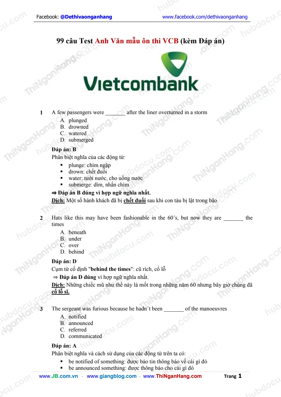 99 câu Test Anh Văn mẫu ôn thi Vietcombank (VCB) (kèm Đáp án - Giải thích)