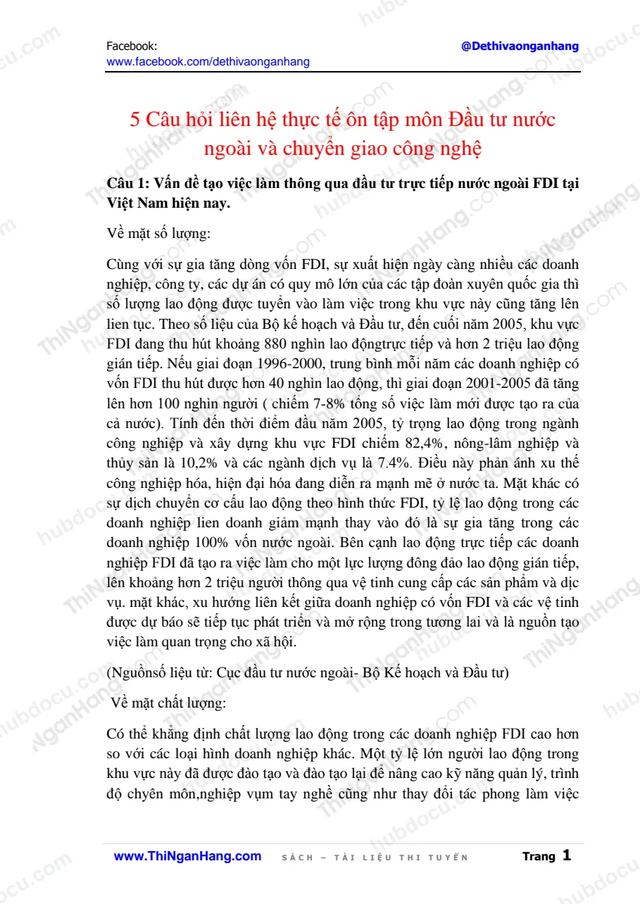 5 câu hỏi liên hệ thực tế - Môn Đầu tư nước ngoài và chuyển giao công nghệ