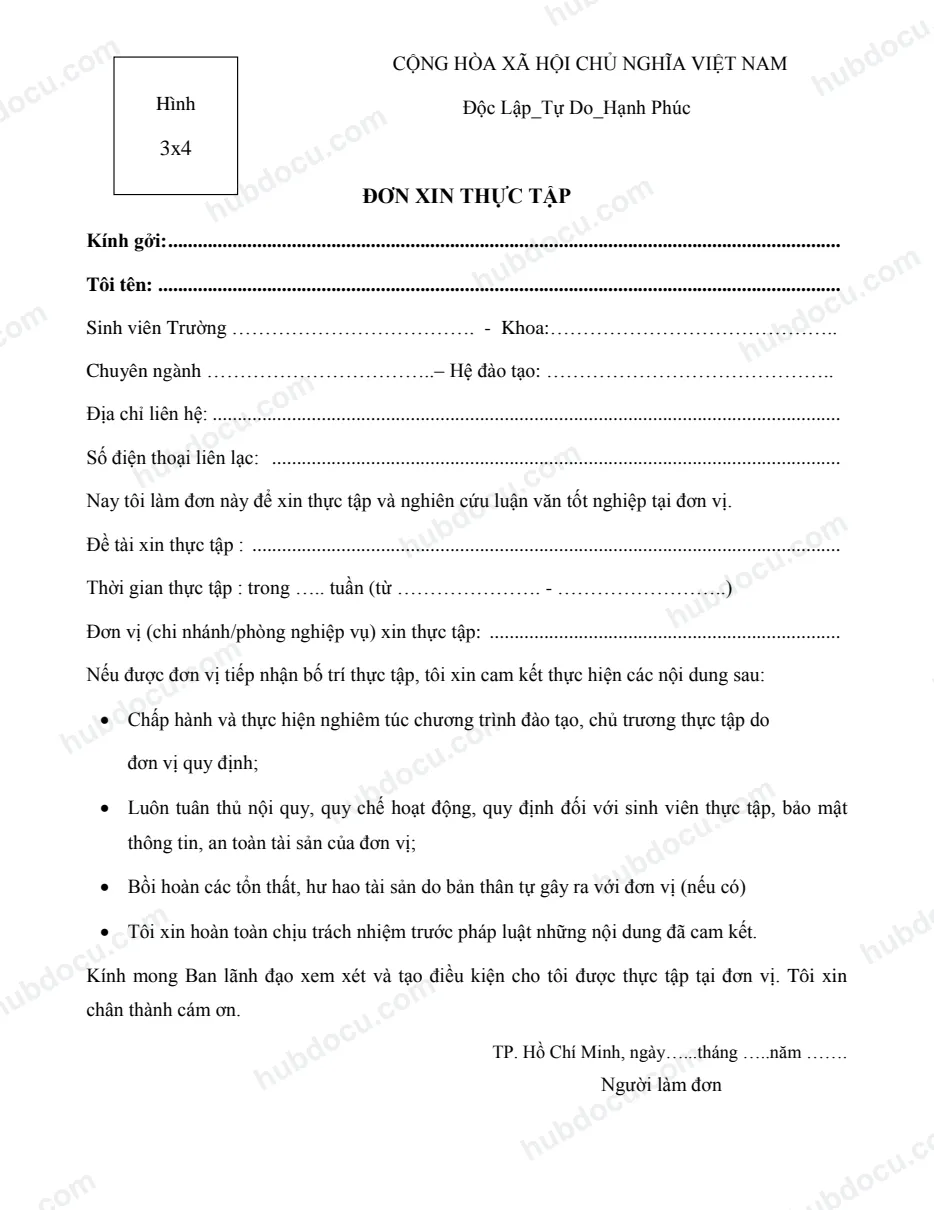 Mẫu đơn xin thực tập