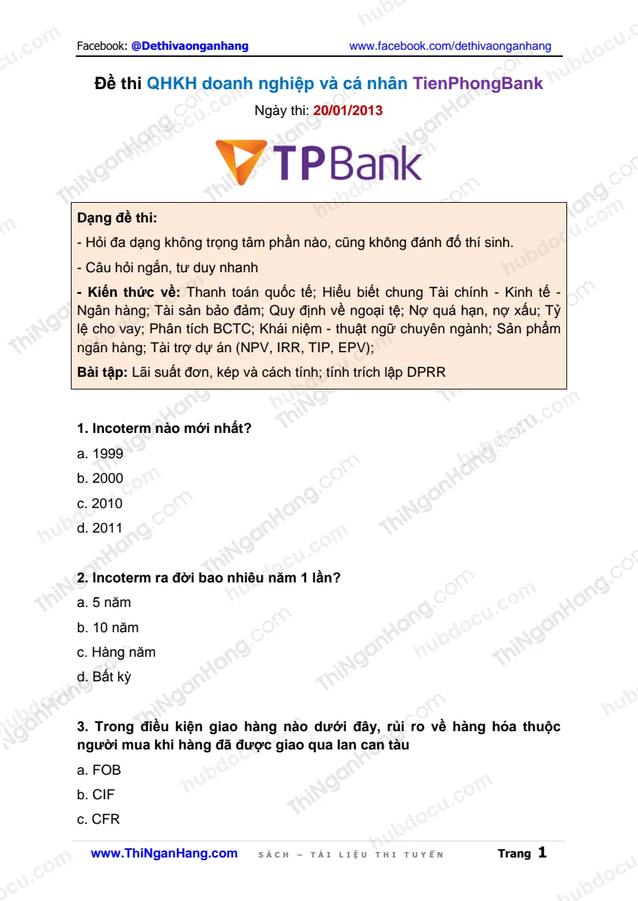 Đề thi QHKH Doanh nghiệp và Cá nhân TienPhongBank (TPBank) (20-01-2013)