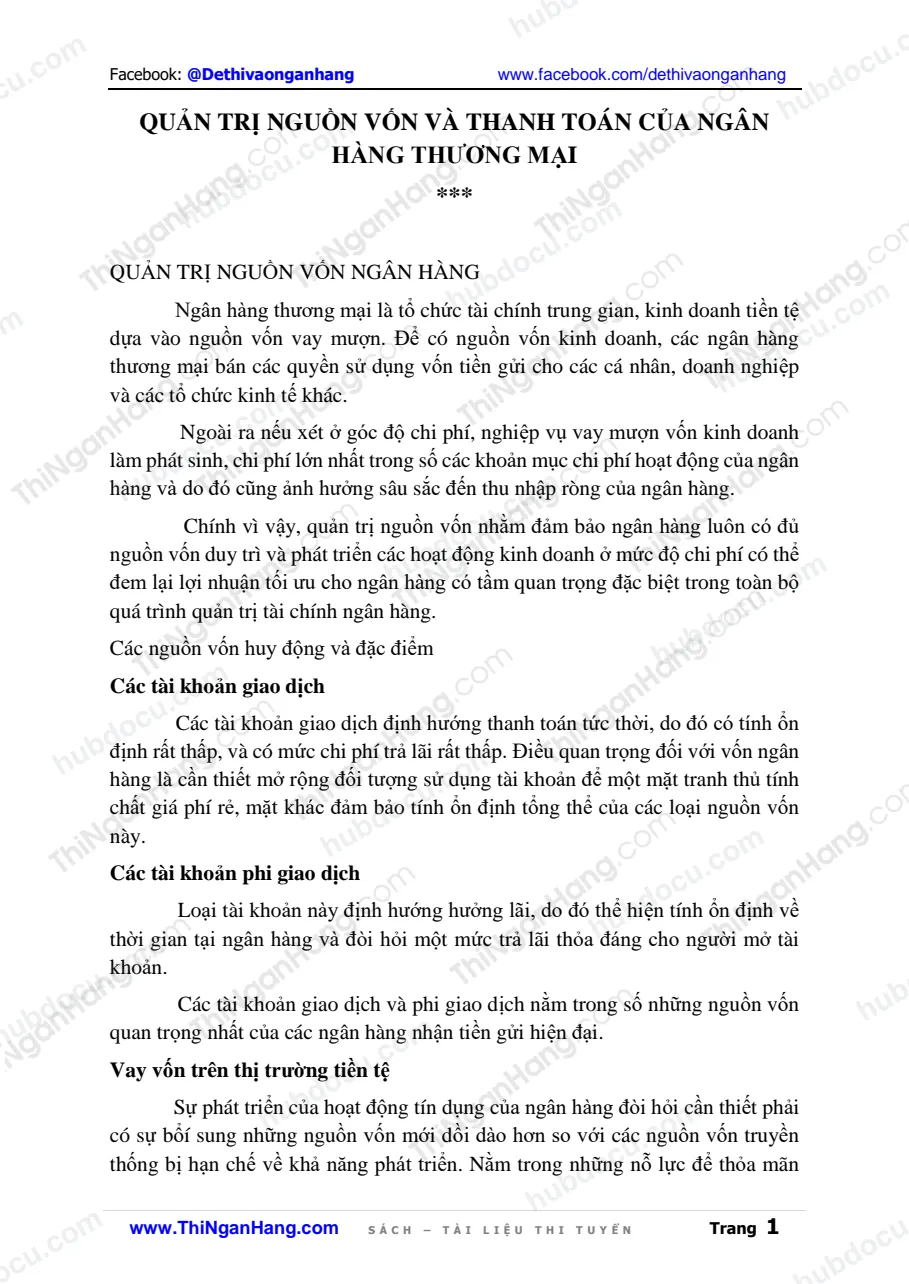 Quản trị Nguồn vốn và Thanh toán của Ngân hàng Thương mại